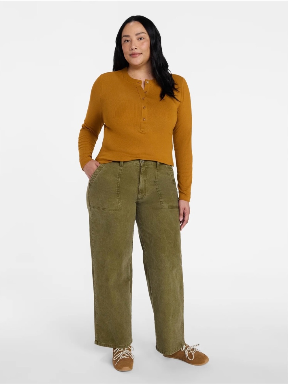 Time and Tru Washed Olive High Rise Wide Leg Utility Trousers - Picture 2 of 16